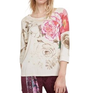Desigual Floral Print Top - Cream and Pink
